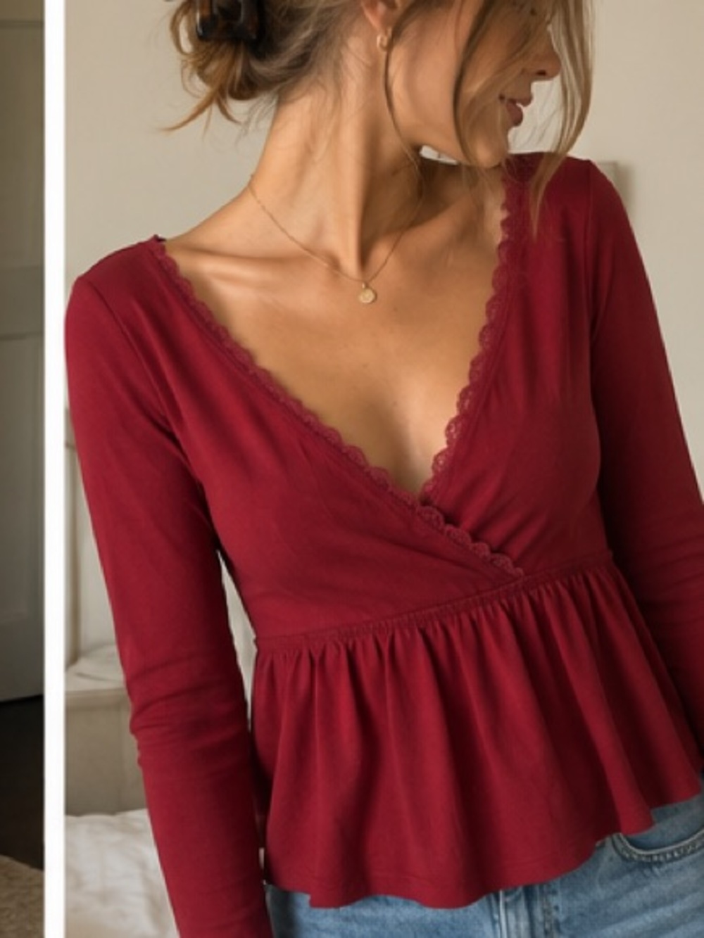 Women's Long-Sleeve V-Neck Peplum Top in Burgundy - Picture 5 of 5